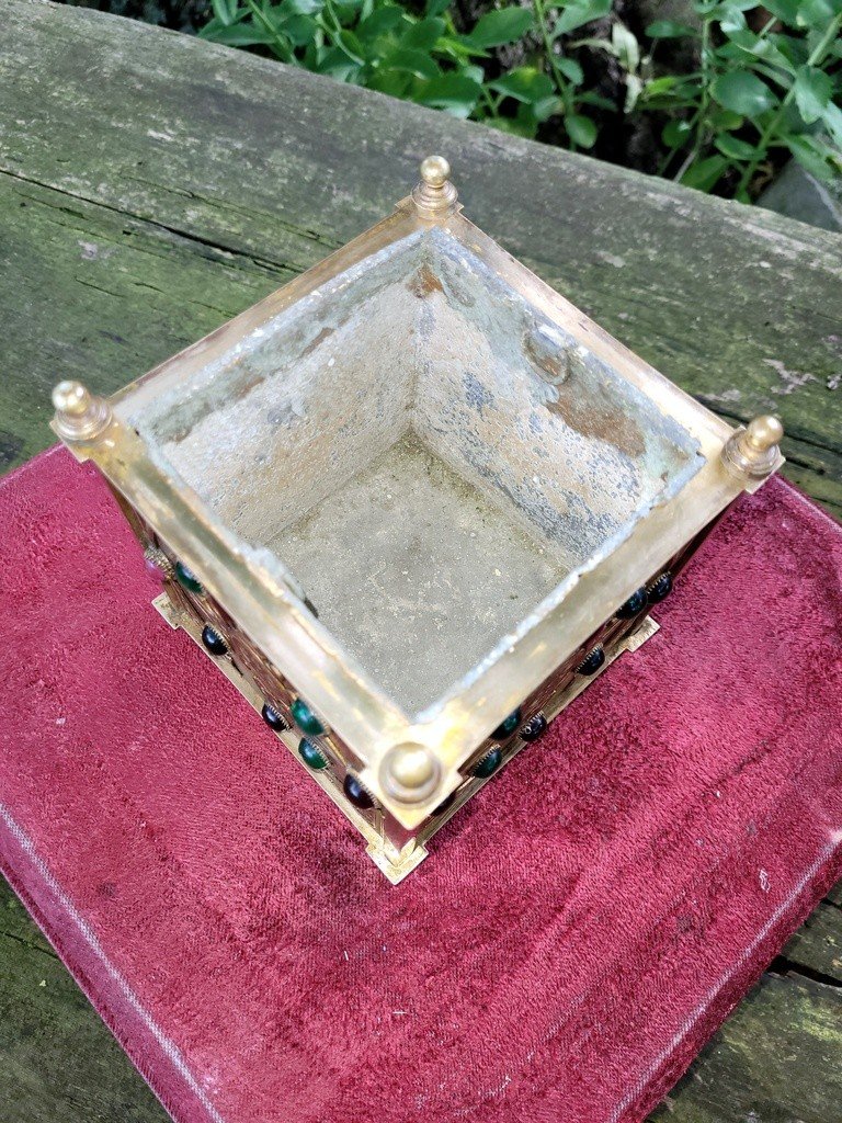 Cache Pot en bronze avec Cabochons en Verroterie - XIXe Siècle-photo-1