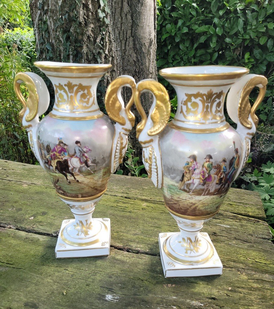  Pair Of Porcelain Vases "battles Of Napoleon I" Signed Guillon - Empire Period