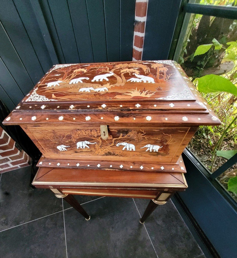  Large Indian Wedding Chest In Rosewood And Marquetry - 19th Century-photo-4