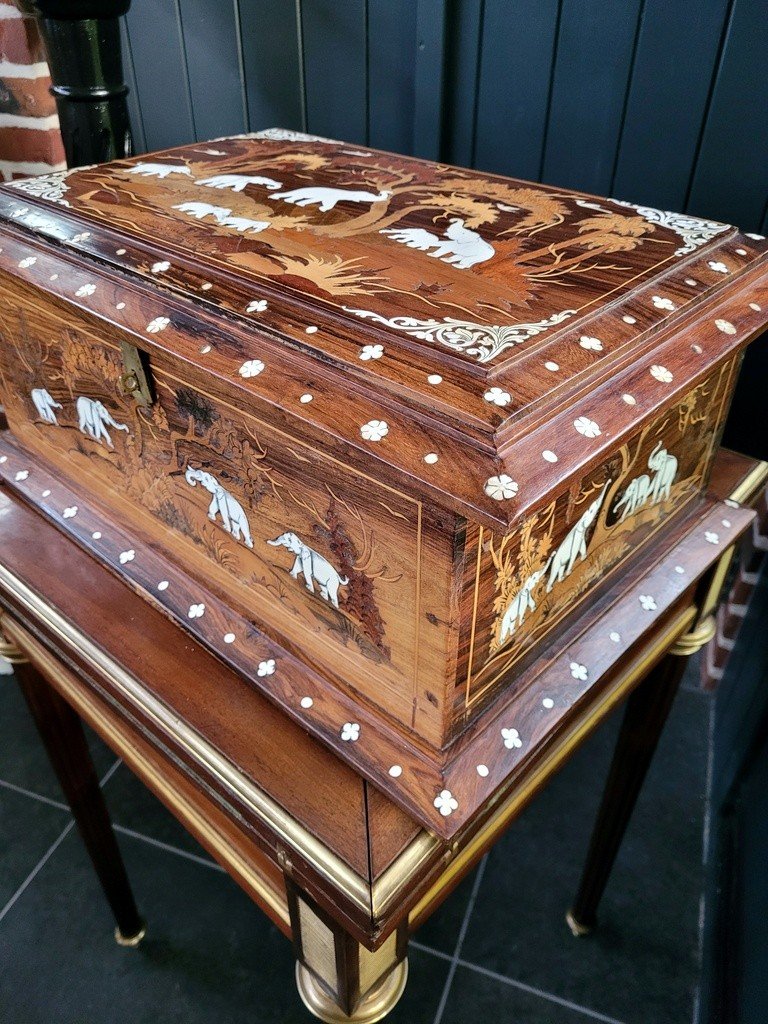  Large Indian Wedding Chest In Rosewood And Marquetry - 19th Century-photo-1