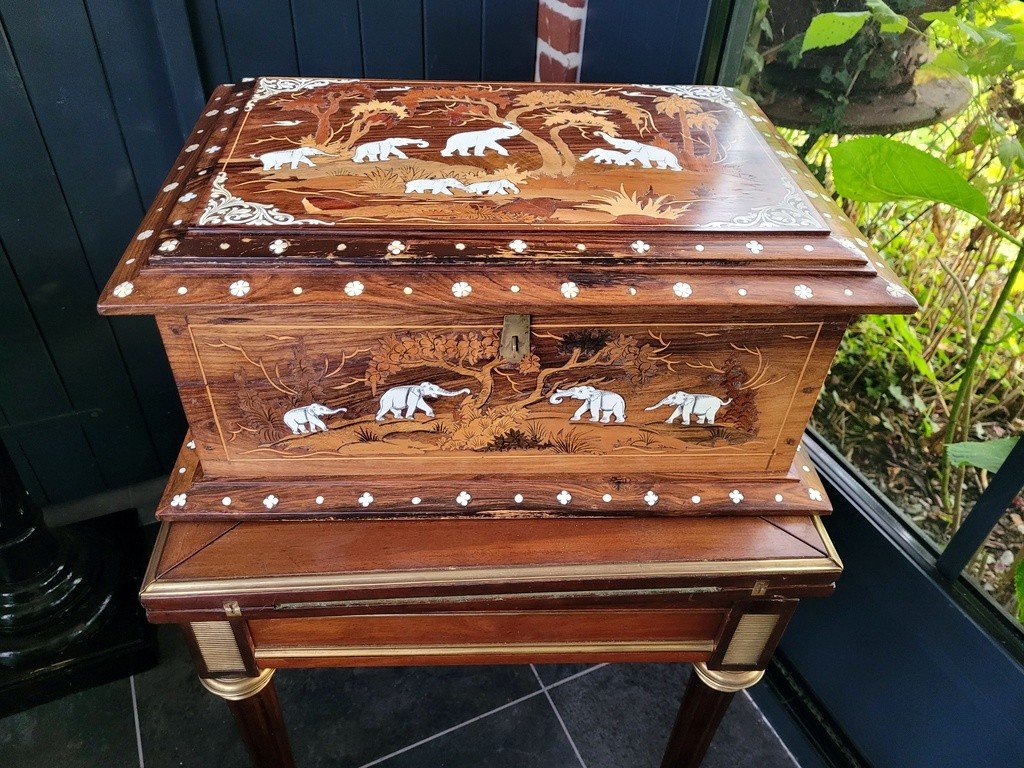  Large Indian Wedding Chest In Rosewood And Marquetry - 19th Century