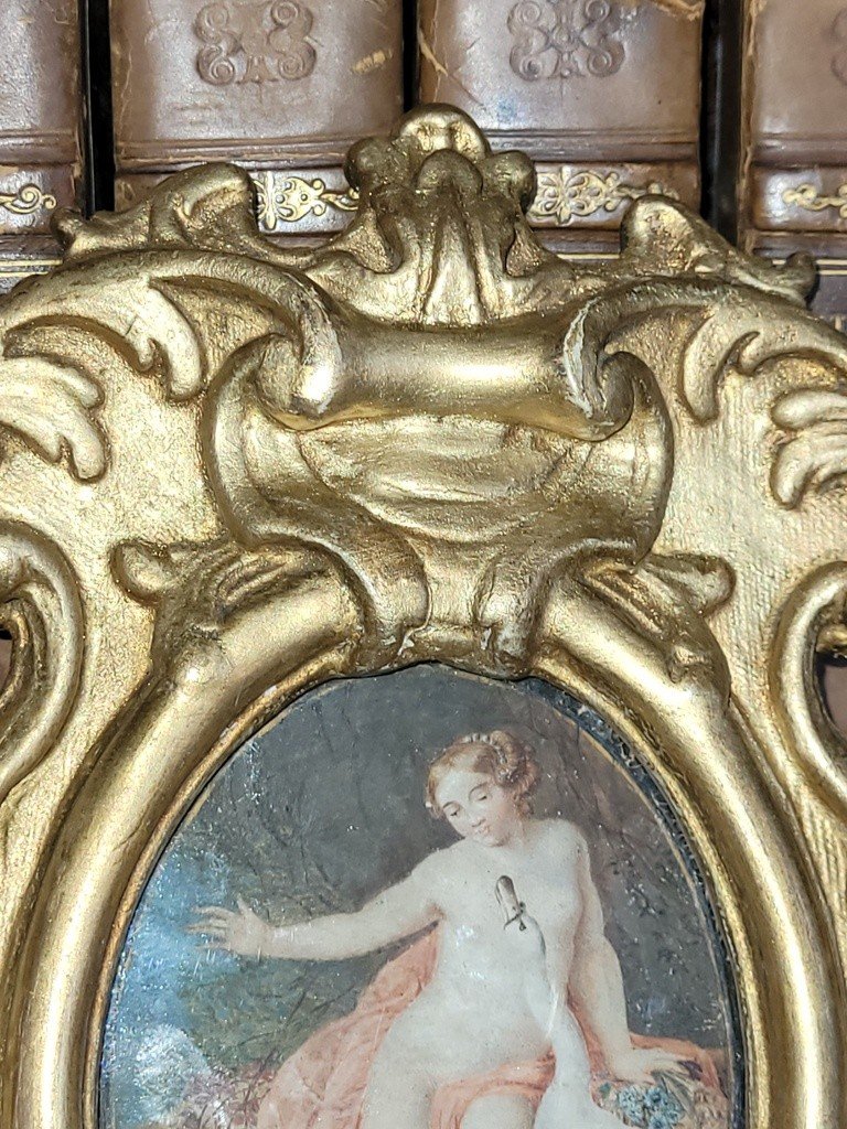 18th Century Painted Miniature From The Louis XV Period "leda And The Swan" - Gilded Carved Wooden Frame-photo-4