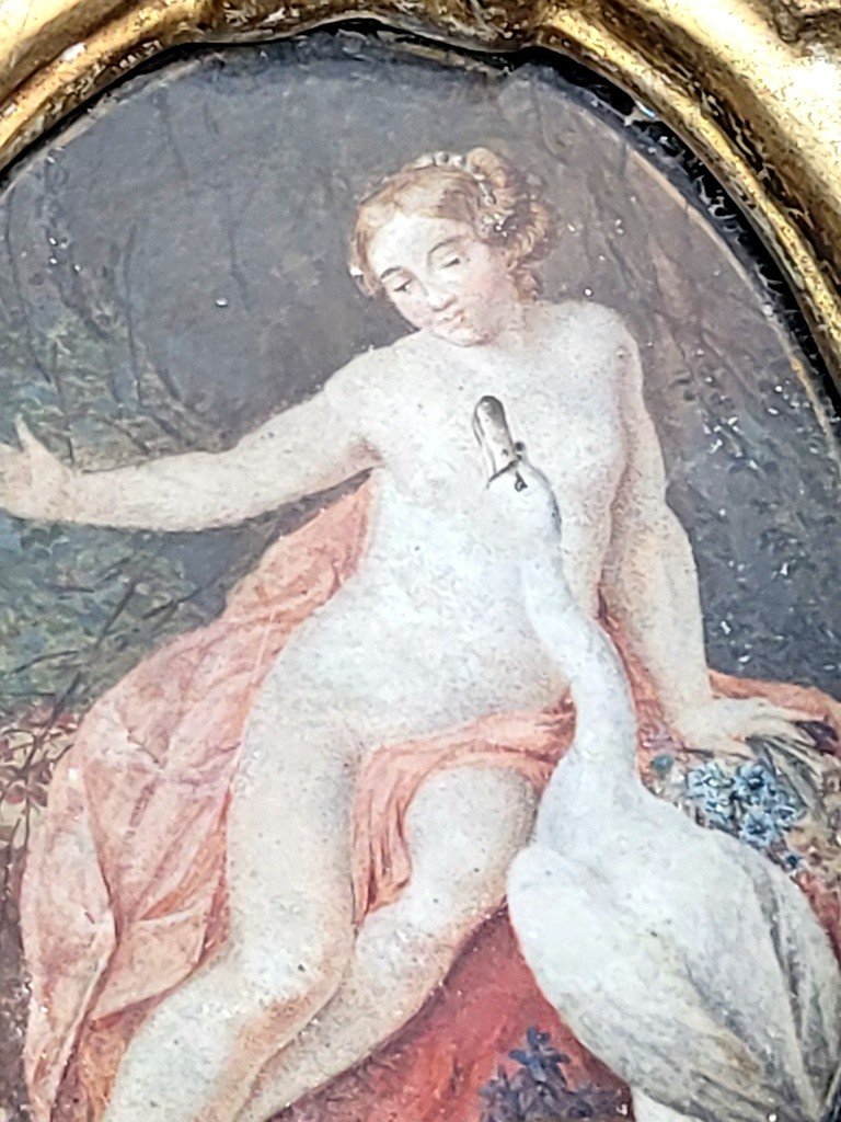 18th Century Painted Miniature From The Louis XV Period "leda And The Swan" - Gilded Carved Wooden Frame-photo-5