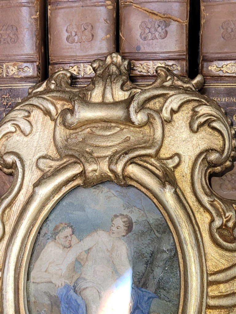 18th Century Painted Miniature From The Louis XV Period In A Carved Gilded Wooden Frame.-photo-2