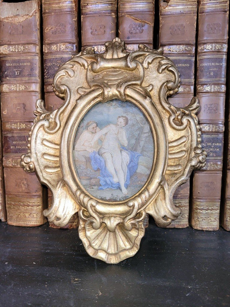 18th Century Painted Miniature From The Louis XV Period In A Carved Gilded Wooden Frame.