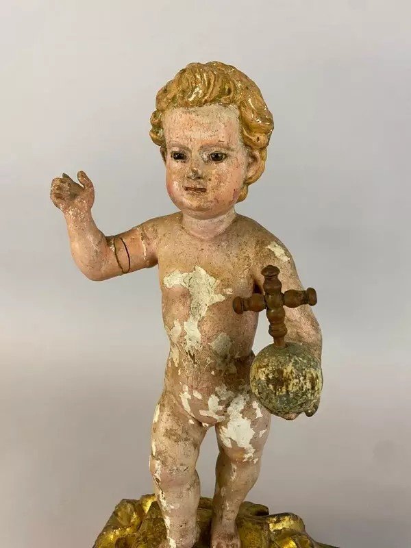  &quot; J&eacute;sus enfant &quot; tenant l&#039;orbe crucif&egrave;re - Sculpture en bois polychrome  datant du  XVIIIe Si&egrave;cle-photo-2