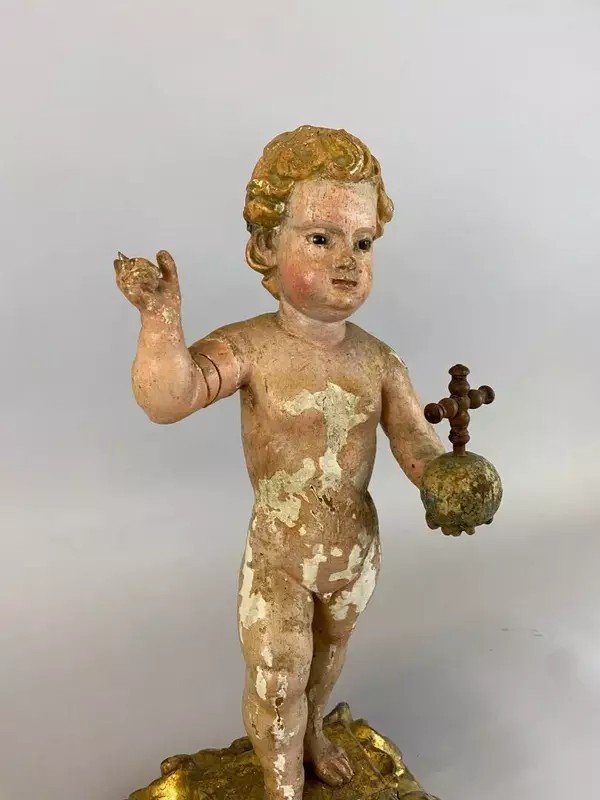  &quot; J&eacute;sus enfant &quot; tenant l&#039;orbe crucif&egrave;re - Sculpture en bois polychrome  datant du  XVIIIe Si&egrave;cle-photo-3