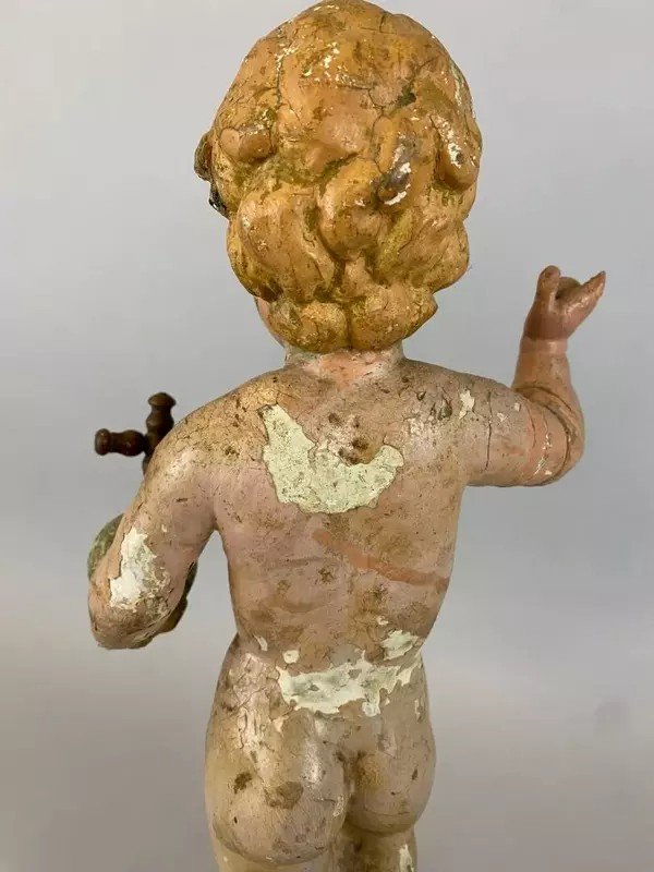  &quot; J&eacute;sus enfant &quot; tenant l&#039;orbe crucif&egrave;re - Sculpture en bois polychrome  datant du  XVIIIe Si&egrave;cle-photo-1