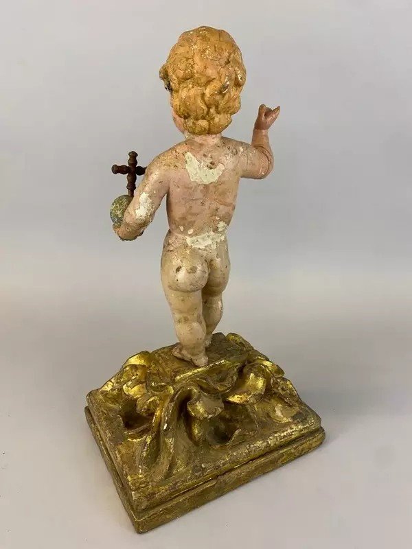  &quot; J&eacute;sus enfant &quot; tenant l&#039;orbe crucif&egrave;re - Sculpture en bois polychrome  datant du  XVIIIe Si&egrave;cle-photo-2