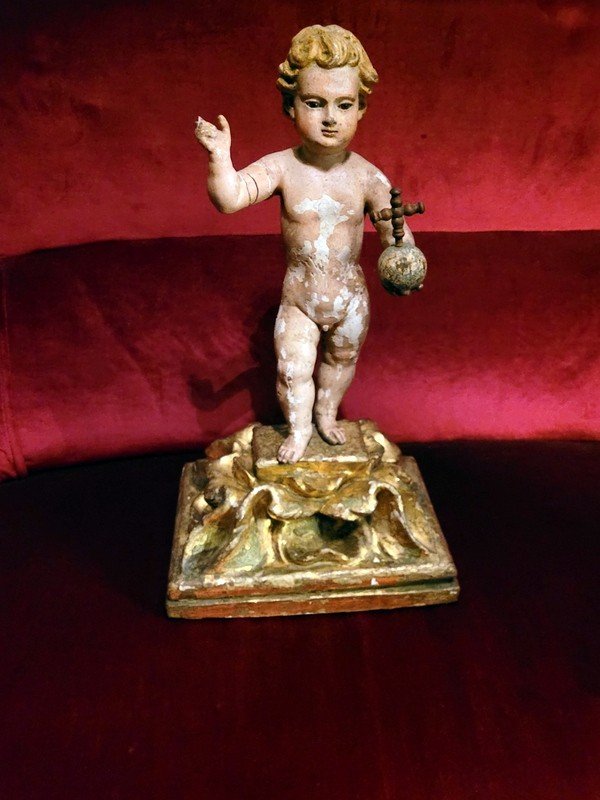  &quot; J&eacute;sus enfant &quot; tenant l&#039;orbe crucif&egrave;re - Sculpture en bois polychrome  datant du  XVIIIe Si&egrave;cle-photo-4