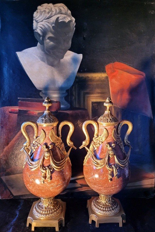  Pair Of Louis XVI Vases In Red Marble And Gilded Bronzes With Swans - 19th Century