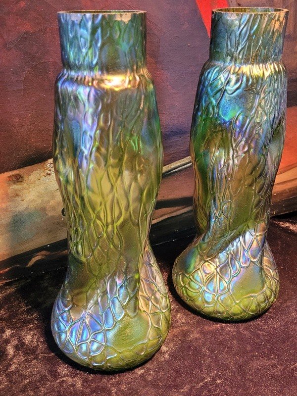  Pair Of Iridescent Glass Vases By Loetz - Art Nouveau Period -photo-3