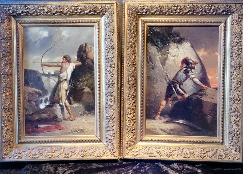 Pair Of "warriors" Paintings Hst In Their Frames - 19th Century 