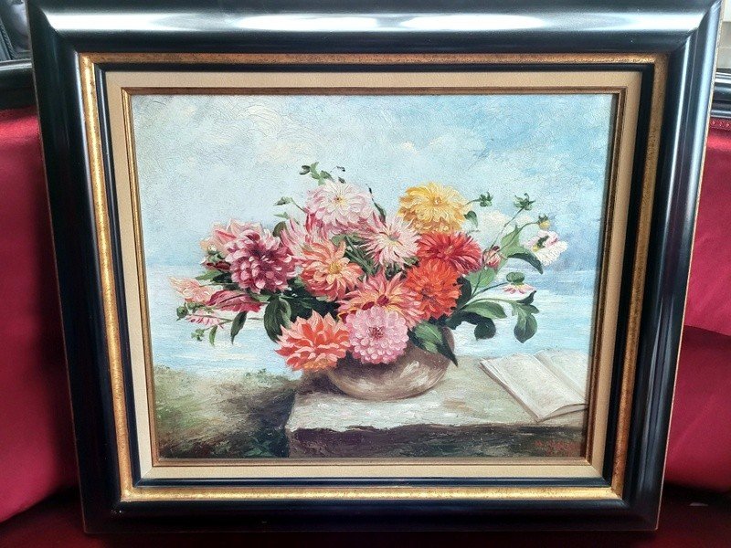 Large Still Life With Bouquet Signed By W. Geigez  