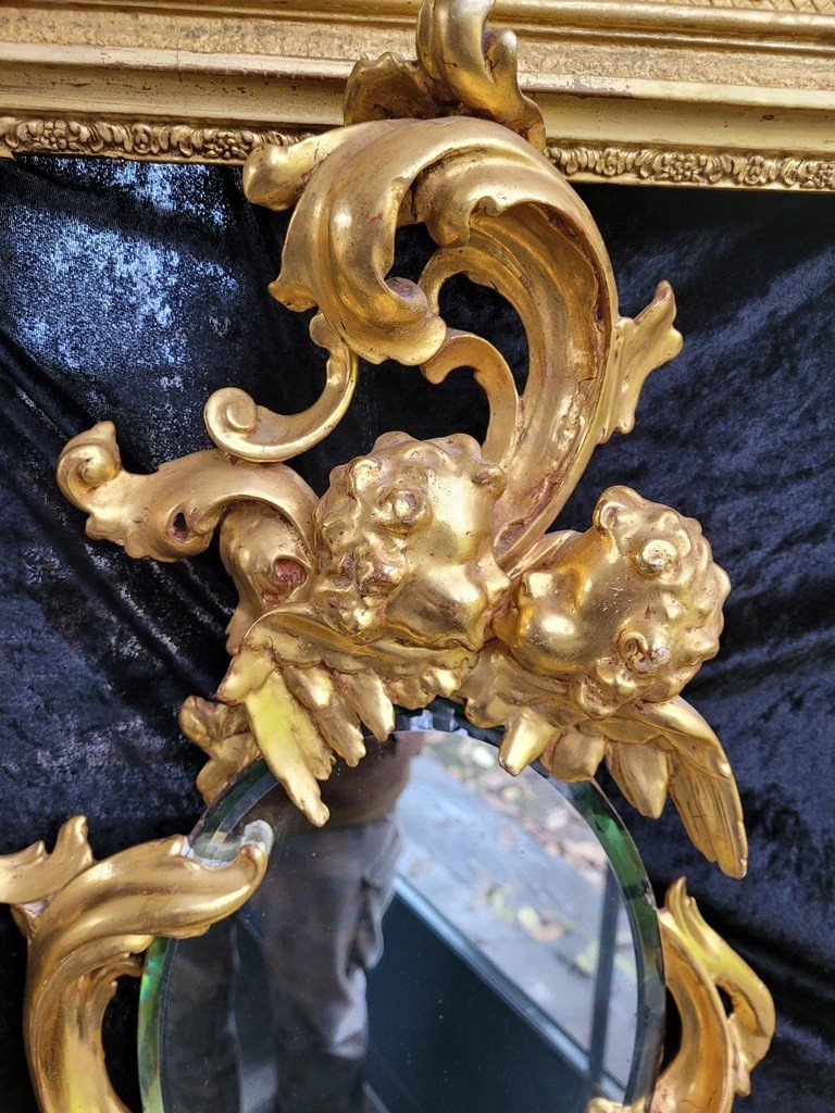  Grand Miroir Napolitain en bois sculpt&eacute; dor&eacute; &agrave; la feuille d&#039;or - XVIIIe Si&egrave;cle-photo-2