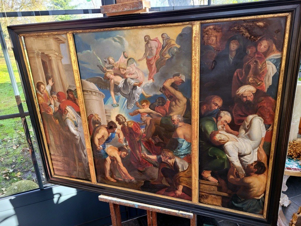  Triptyque du XVIIIe Siècle " Martyre de Saint Etienne " d'après Pierre Paul Rubens (1577-1640)-photo-3