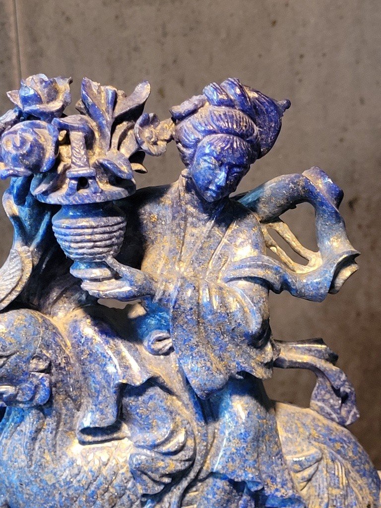  Lapis Lazuli Sculpture "deity On A Rooster" On Wooden Base.-photo-2