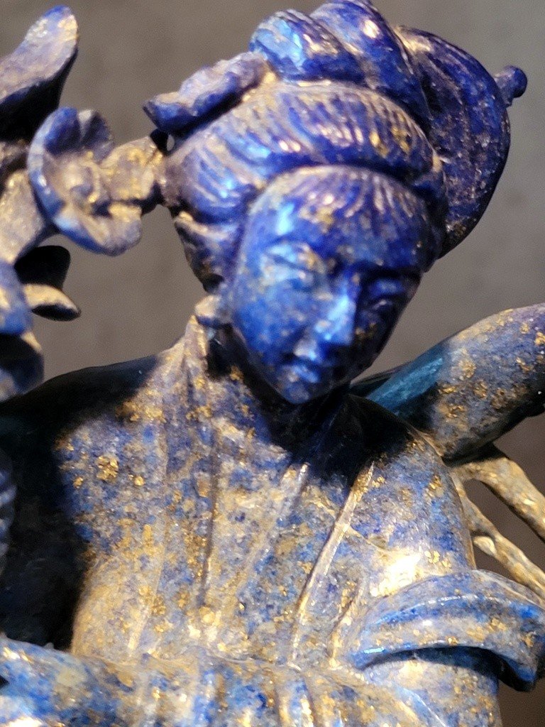  Lapis Lazuli Sculpture "deity On A Rooster" On Wooden Base.-photo-3