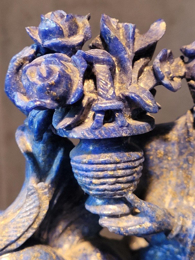  Lapis Lazuli Sculpture "deity On A Rooster" On Wooden Base.-photo-4