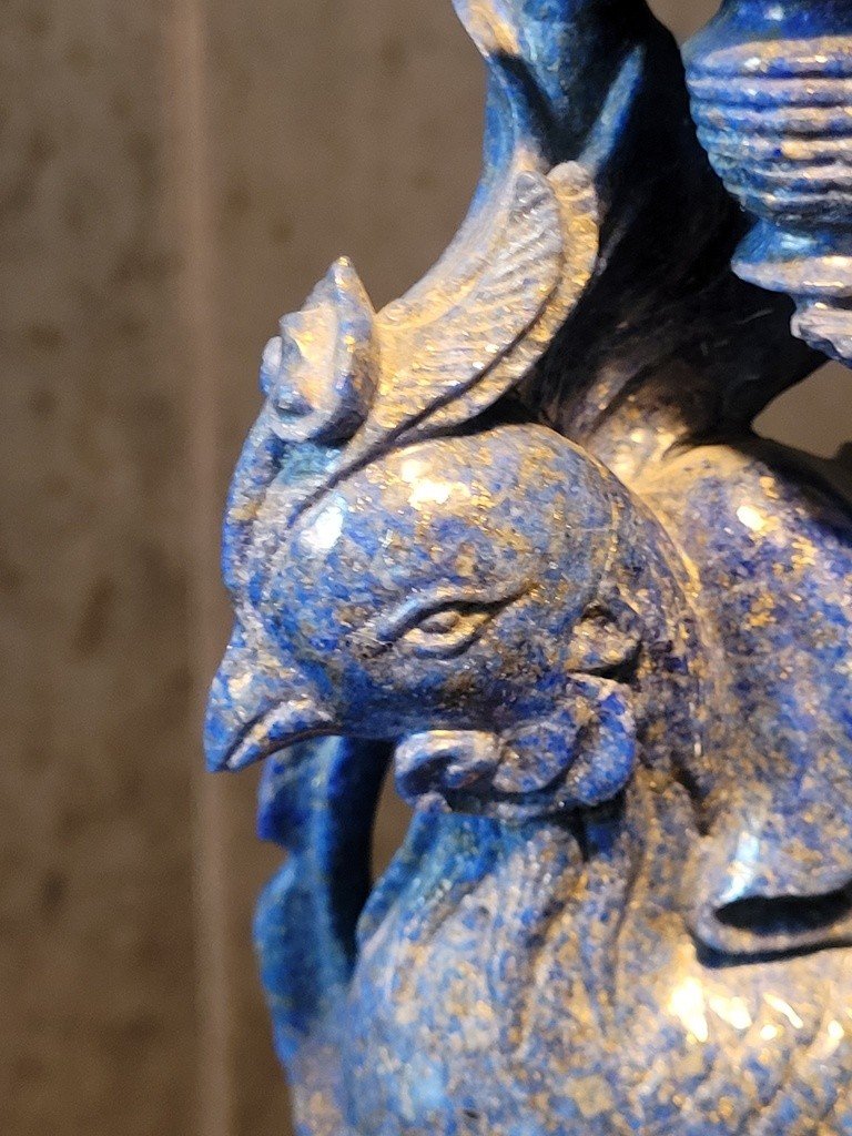  Lapis Lazuli Sculpture "deity On A Rooster" On Wooden Base.-photo-1