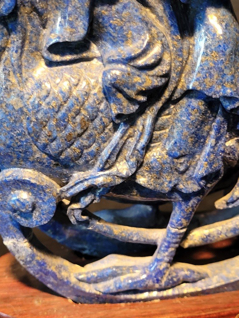  Lapis Lazuli Sculpture "deity On A Rooster" On Wooden Base.-photo-2