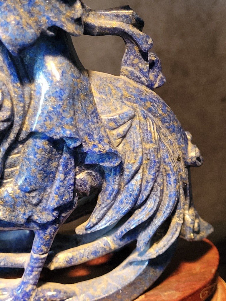  Lapis Lazuli Sculpture "deity On A Rooster" On Wooden Base.-photo-3