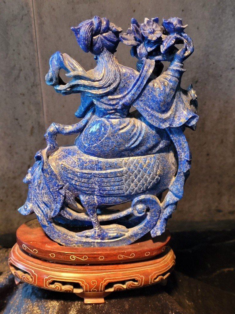  Lapis Lazuli Sculpture "deity On A Rooster" On Wooden Base.-photo-4