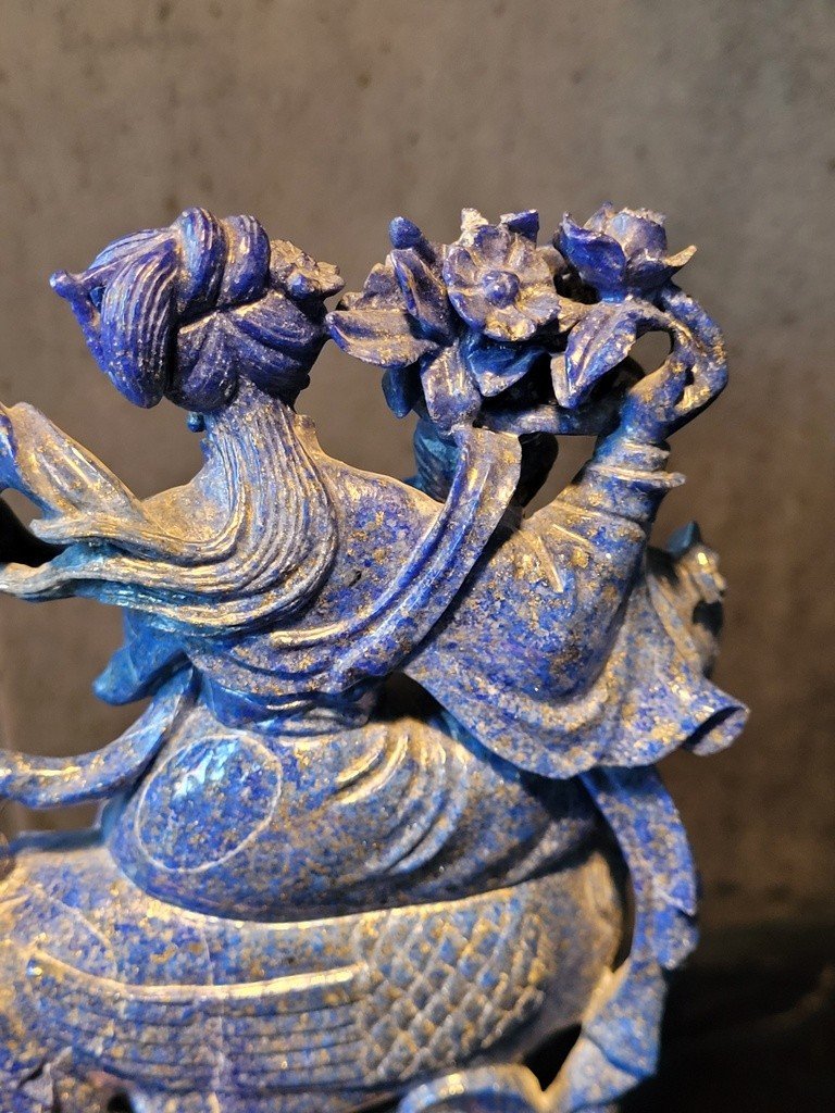  Lapis Lazuli Sculpture "deity On A Rooster" On Wooden Base.-photo-5