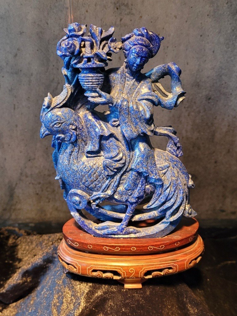  Lapis Lazuli Sculpture "deity On A Rooster" On Wooden Base.