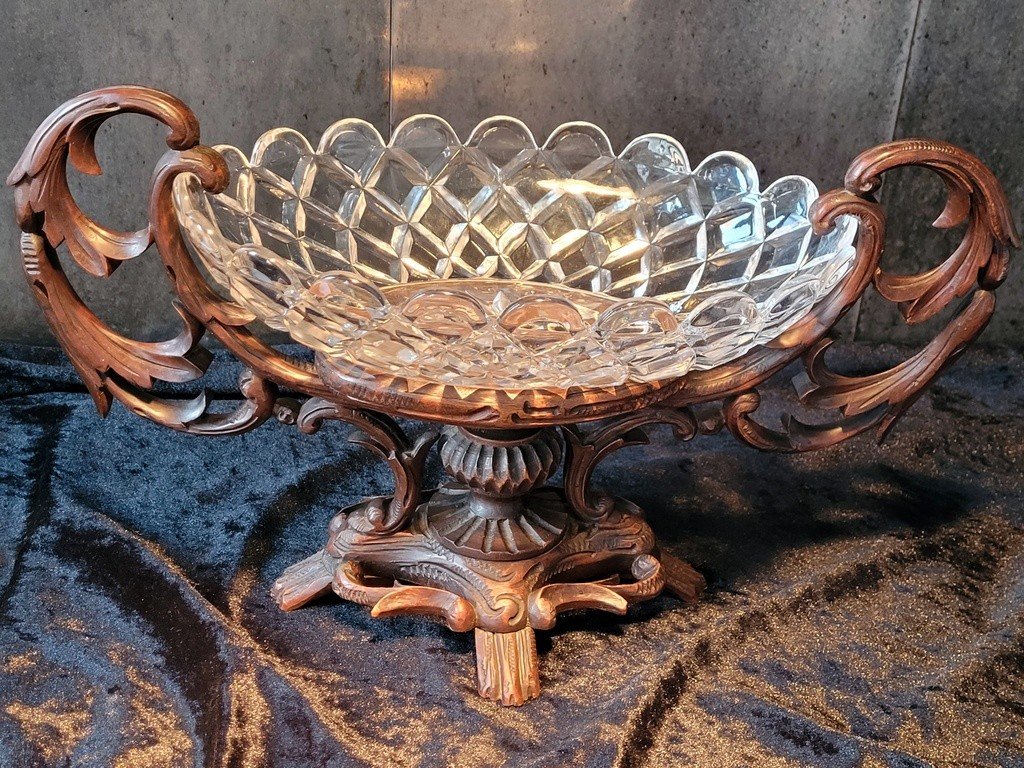  Baccarat Crystal Fruit Bowl On Carved Wood - 19th Century -photo-4