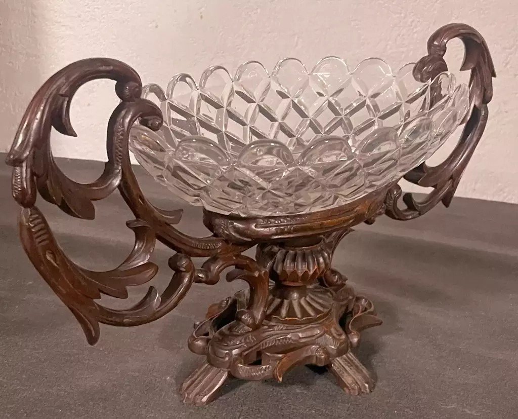  Baccarat Crystal Fruit Bowl On Carved Wood - 19th Century -photo-5