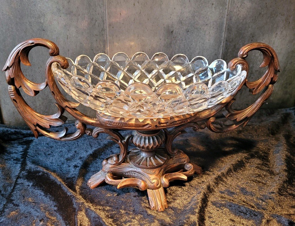  Baccarat Crystal Fruit Bowl On Carved Wood - 19th Century 