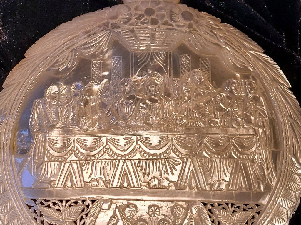 Carved Mother-of-pearl Shell - "the Last Supper Of Christ" And "the Crib" 19th Century -photo-3