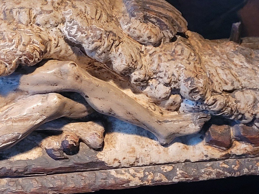  Sculpture "reclining Jesus" Polychrome Oak Base - 18th Century -photo-4