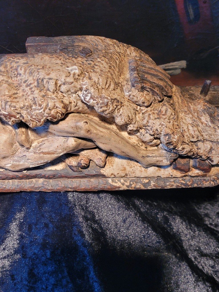  Sculpture "reclining Jesus" Polychrome Oak Base - 18th Century -photo-6