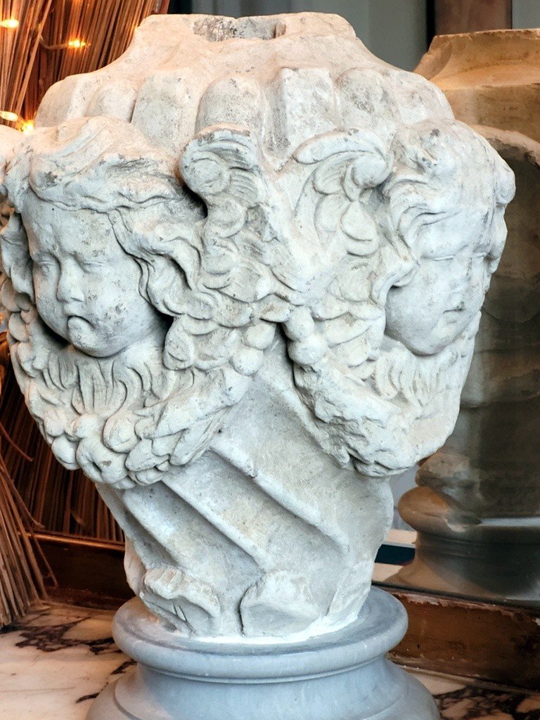 Paire d'Ornements sculptés en Pierre avec Têtes d' Angelots et Guirlandes  - XVIe -XVIIe Siècle-photo-4