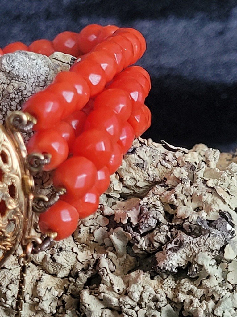 Bracelet &quot; Cam&eacute;e Corail &quot; orn&eacute; de 4 rangs de perles de Corail - Fermoir en OR jaune - Epoque Napol&eacute;on III-photo-1