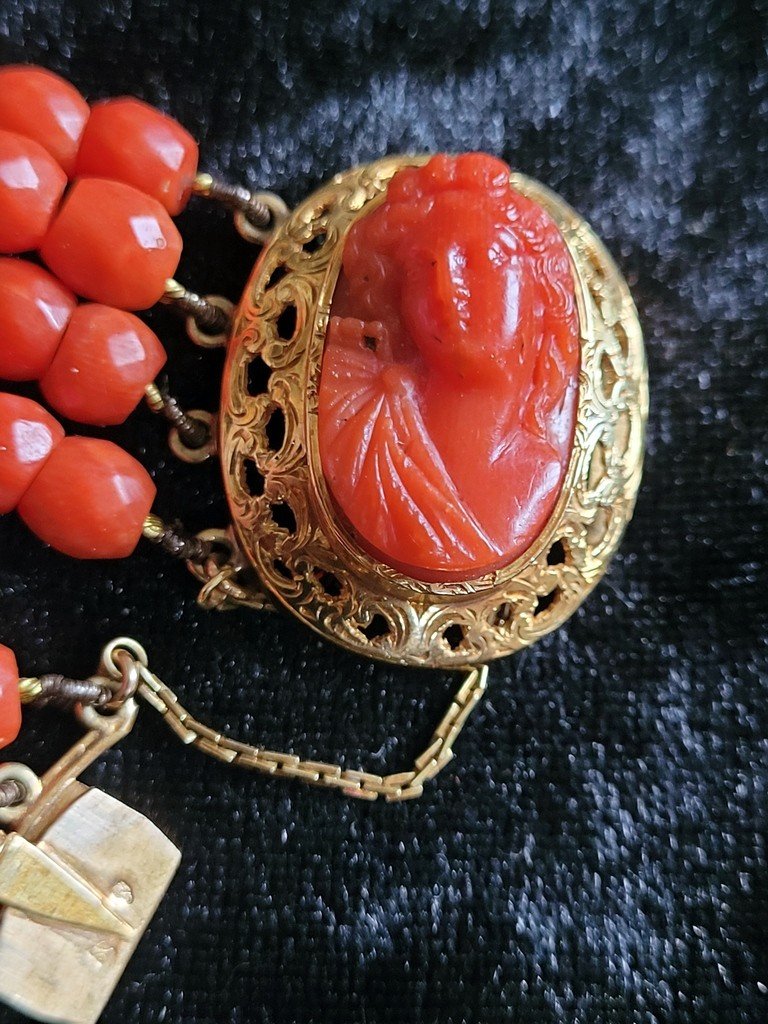 "coral Cameo" Bracelet Decorated With 4 Rows Of Coral - Yellow Gold Clasp - Napoleon III Period-photo-5