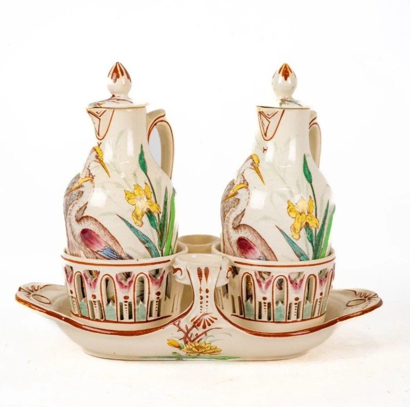 Oil & Vinegar Cruet Holder In Lunéville Earthenware Signed Keller & Guérin - 19th Century -photo-2