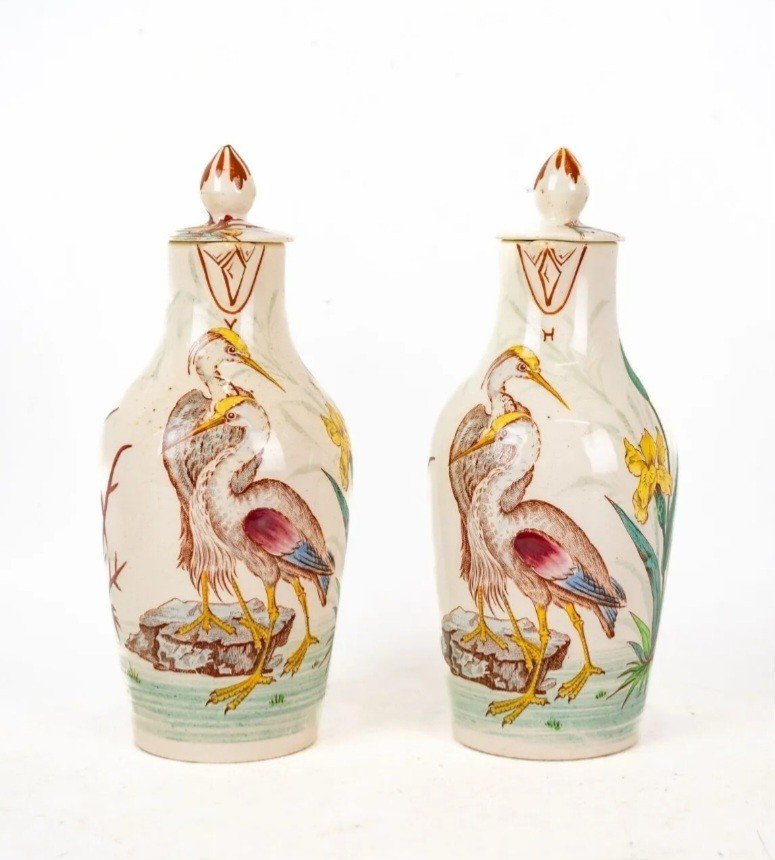 Oil & Vinegar Cruet Holder In Lunéville Earthenware Signed Keller & Guérin - 19th Century -photo-3