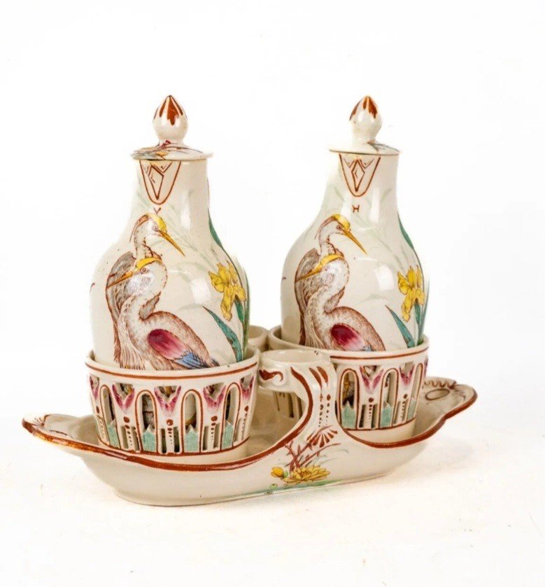 Oil & Vinegar Cruet Holder In Lunéville Earthenware Signed Keller & Guérin - 19th Century 