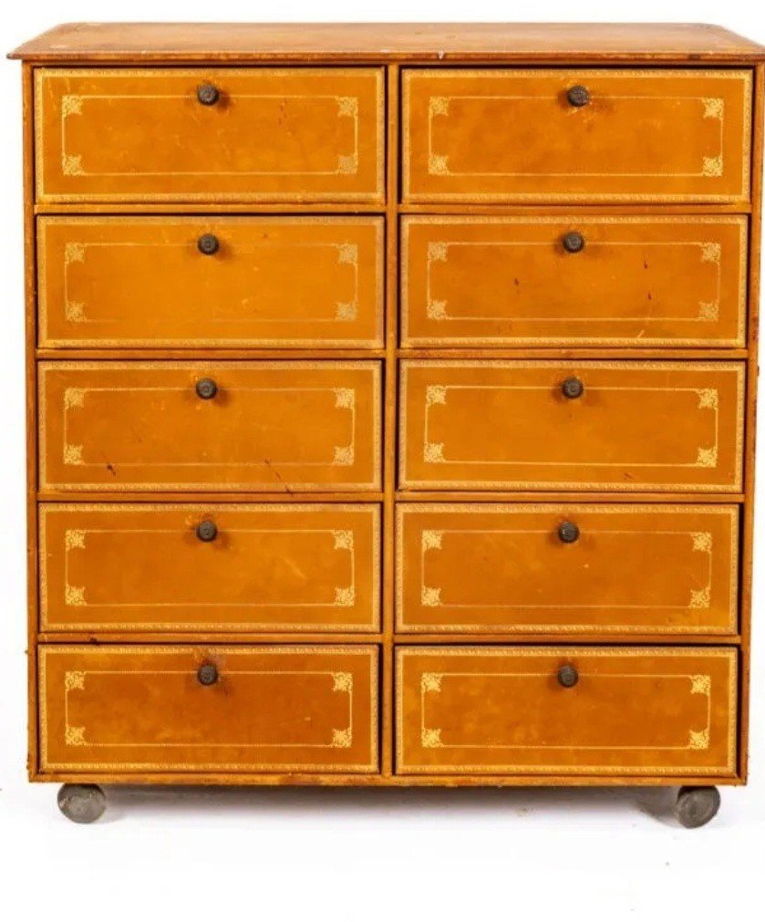  Box Cabinet Opening With 10 Drawers - Entirely Covered In Leather And Gilded With Small Iron - Early 20th Century-photo-3