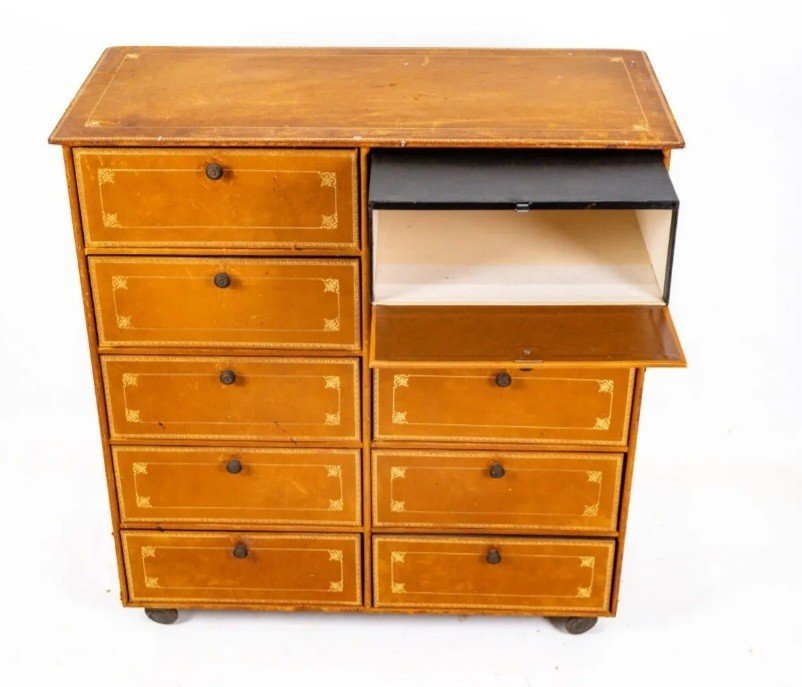  Box Cabinet Opening With 10 Drawers - Entirely Covered In Leather And Gilded With Small Iron - Early 20th Century-photo-2