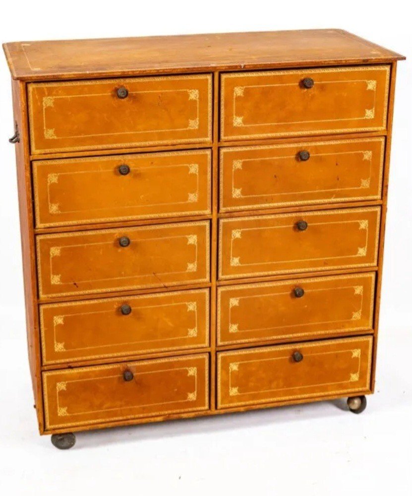  Box Cabinet Opening With 10 Drawers - Entirely Covered In Leather And Gilded With Small Iron - Early 20th Century