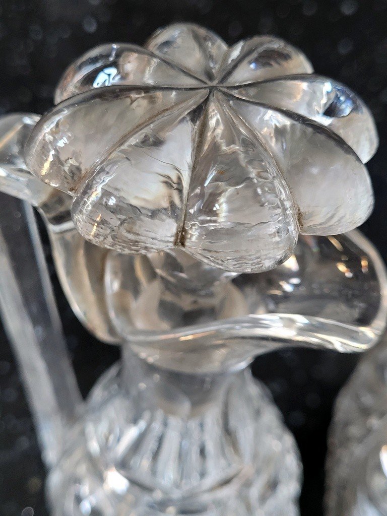  Baccarat  XIXe- Paire de Burettes " Huilier & Vinaigrier "  en Verre Mouluré à Anses Carrées -photo-2