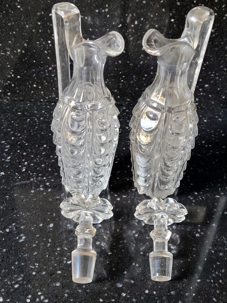  Baccarat  XIXe- Paire de Burettes " Huilier & Vinaigrier "  en Verre Mouluré à Anses Carrées -photo-6