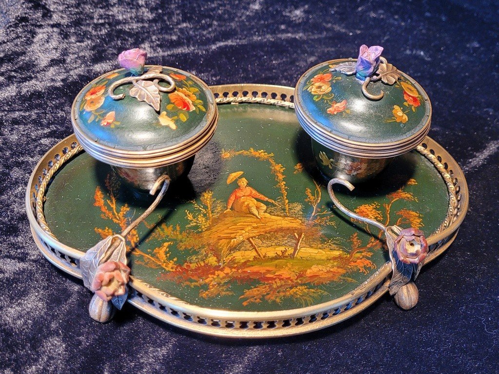  Desk Inkwell In Painted Sheet Metal With Japanese Decor - 19th Century Napoleon III 