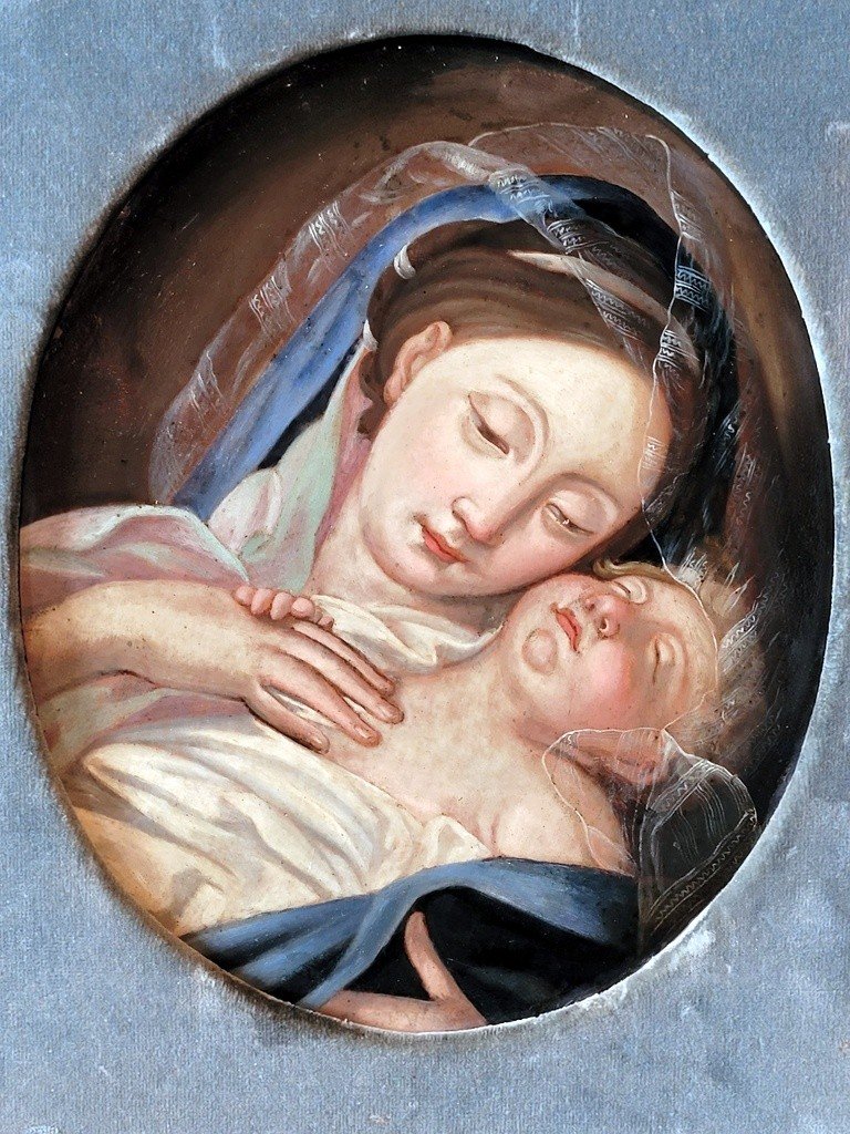 &quot; Vierge &agrave; l&#039; Enfant J&eacute;sus endormi &quot;- Huile sur Cuivre datant du XIXe Si&egrave;cle-photo-2