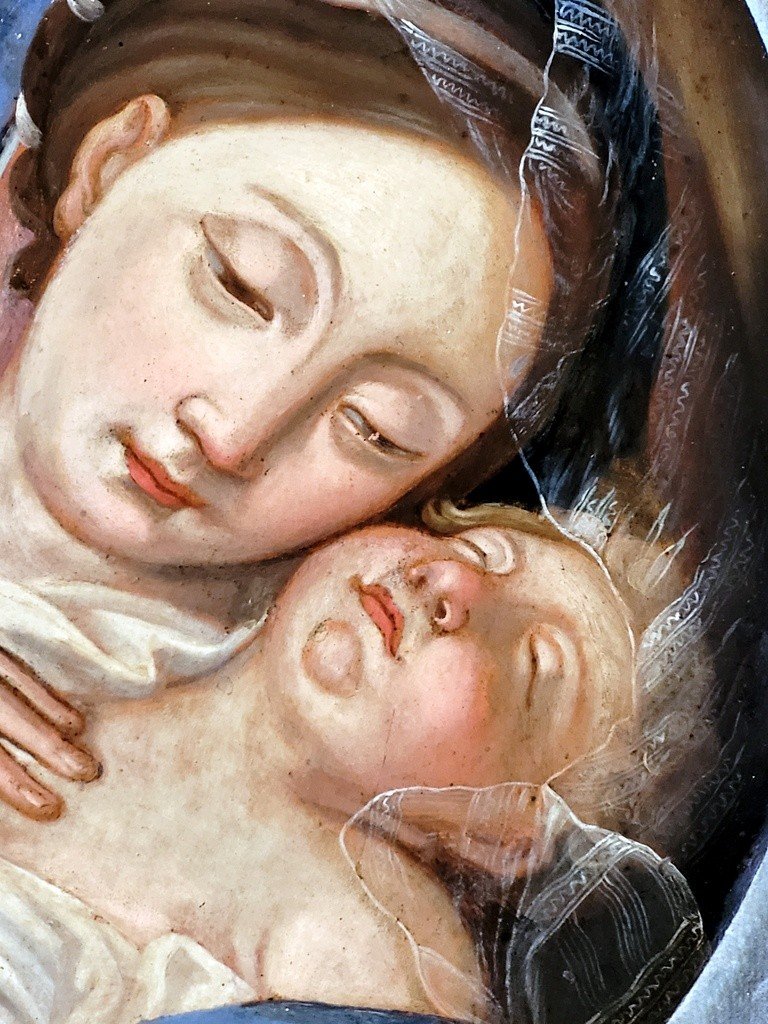 &quot; Vierge &agrave; l&#039; Enfant J&eacute;sus endormi &quot;- Huile sur Cuivre datant du XIXe Si&egrave;cle-photo-3