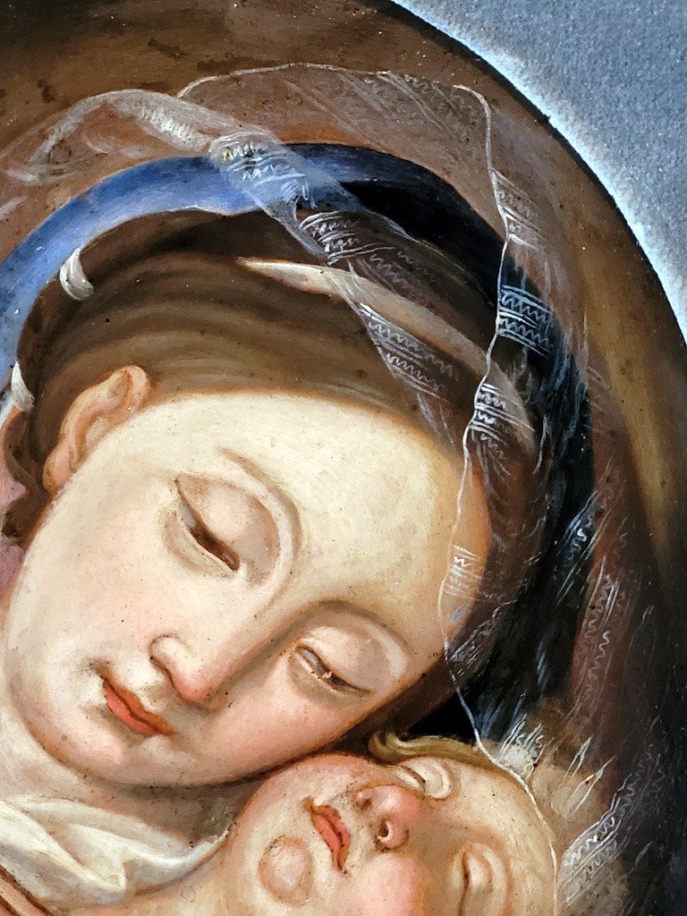 &quot; Vierge &agrave; l&#039; Enfant J&eacute;sus endormi &quot;- Huile sur Cuivre datant du XIXe Si&egrave;cle-photo-4